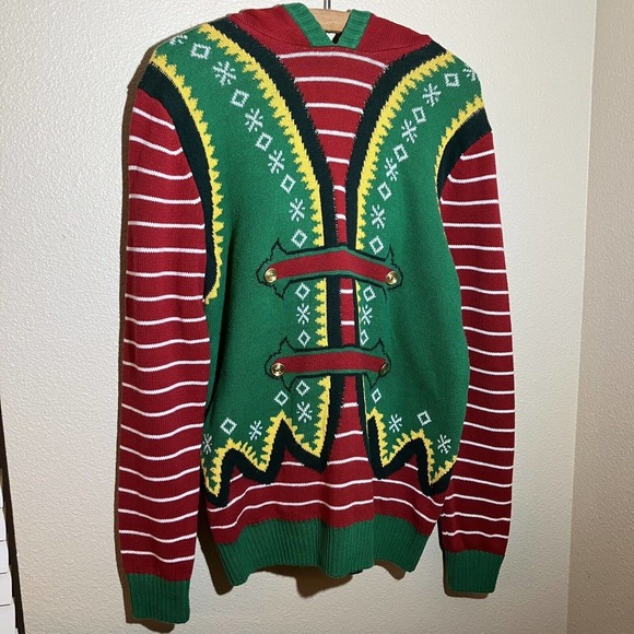 Ugly Christmas Sweater Sz M Elf Hoodie Red Preowned Unisex - Picture 3 of 9